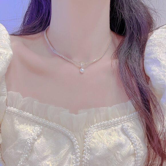 NEW 14K Gold Plated Baguette Diamond Pearl Drop Necklace - Picture 5 of 12